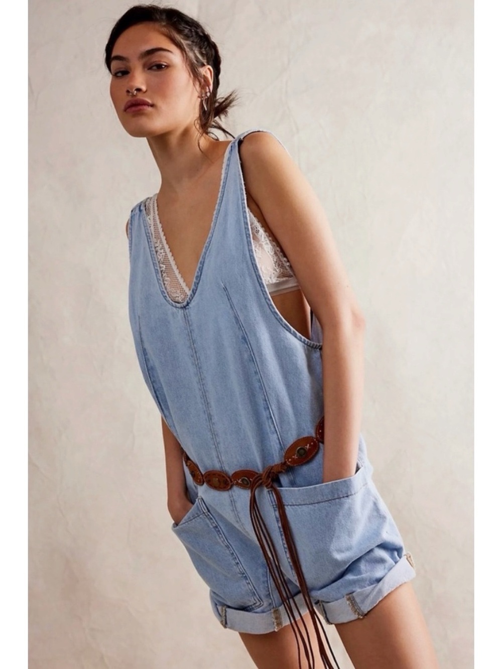 Free People High Roller Shortall Denim Romper